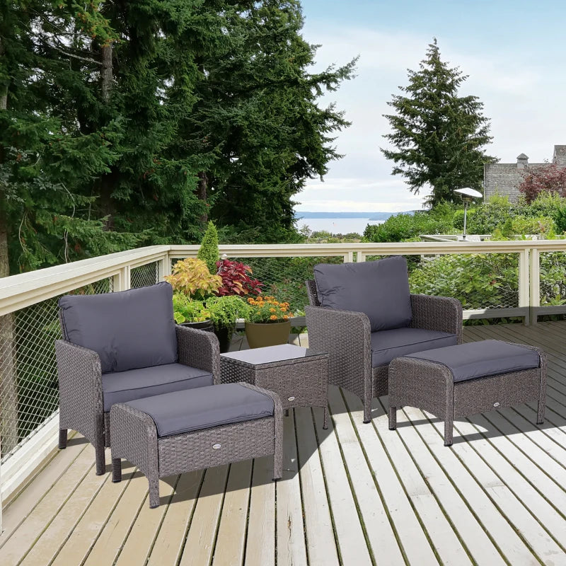 Outsunny Set Mobili da Giardino 2 Poltrone 2 Poggiapiedi 1 Tavolino in Vetro Temperato Rattan Grigio