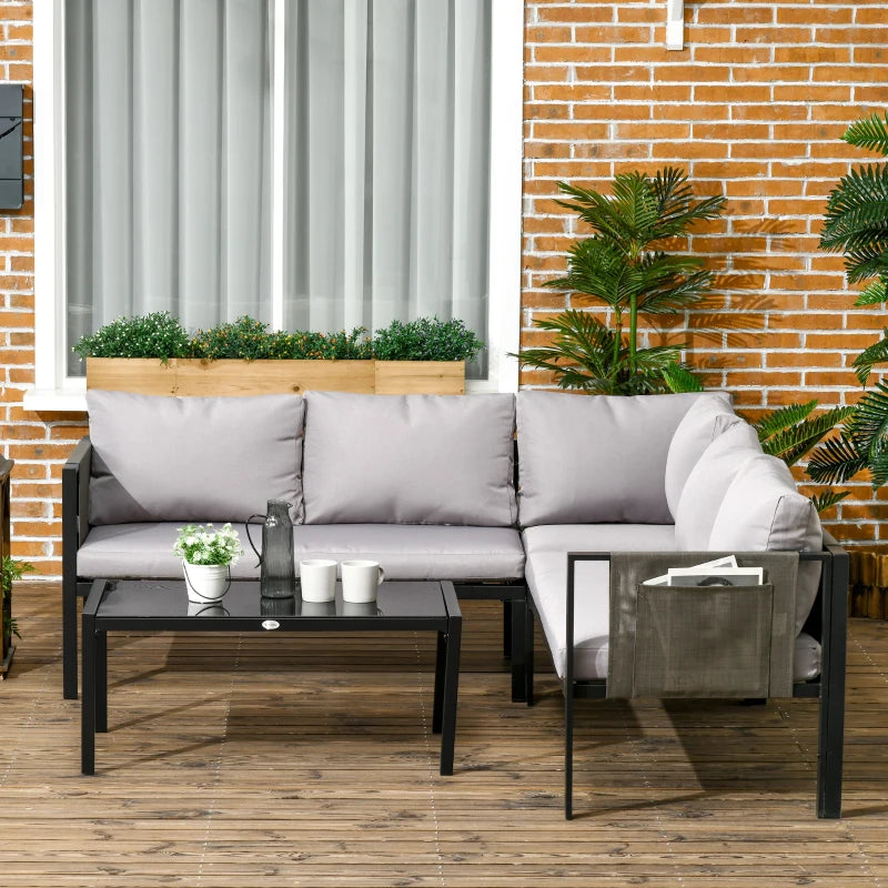 Outsunny Set da Giardino 4 Pezzi con 2 Divanetti, Poltrona Angolare e Tavolino da Caffè in Vetro Temperato