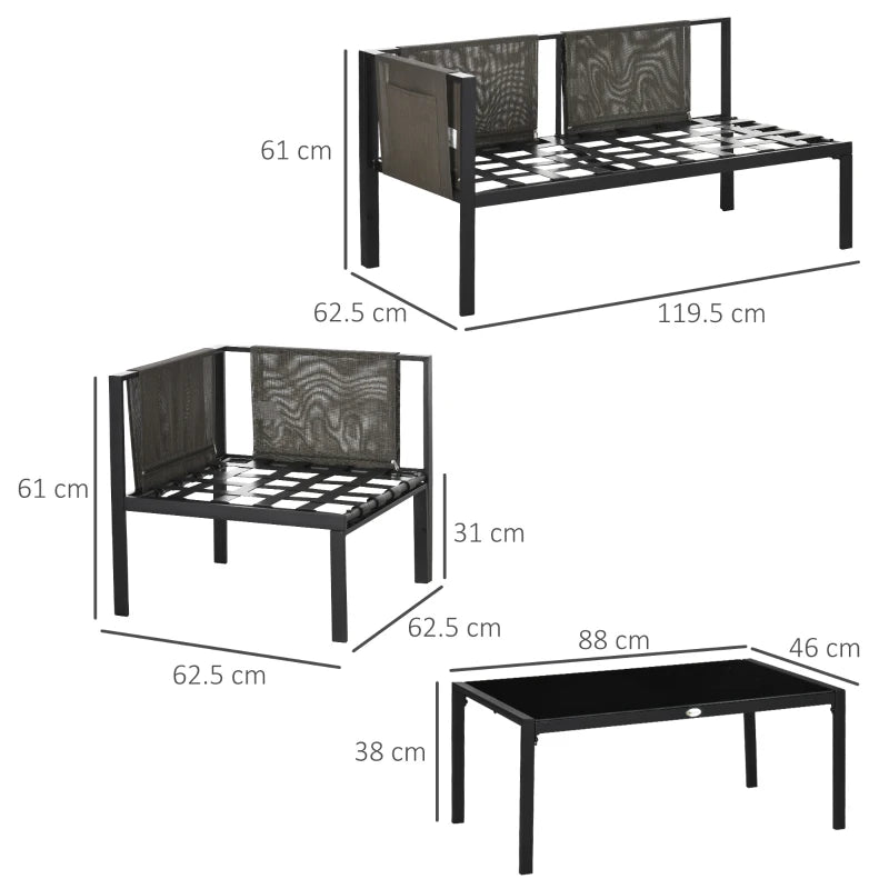 Outsunny Set da Giardino 4 Pezzi con 2 Divanetti, Poltrona Angolare e Tavolino da Caffè in Vetro Temperato