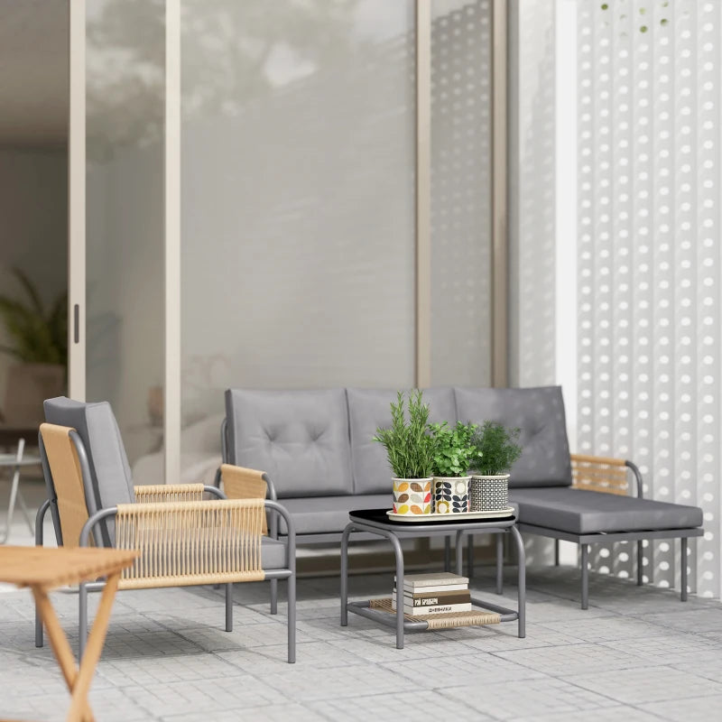Outsunny Salotto da Giardino 4 Pezzi in Rattan con Divano, Chaise Longue, Poltrona e Tavolino con Cuscini, Grigio