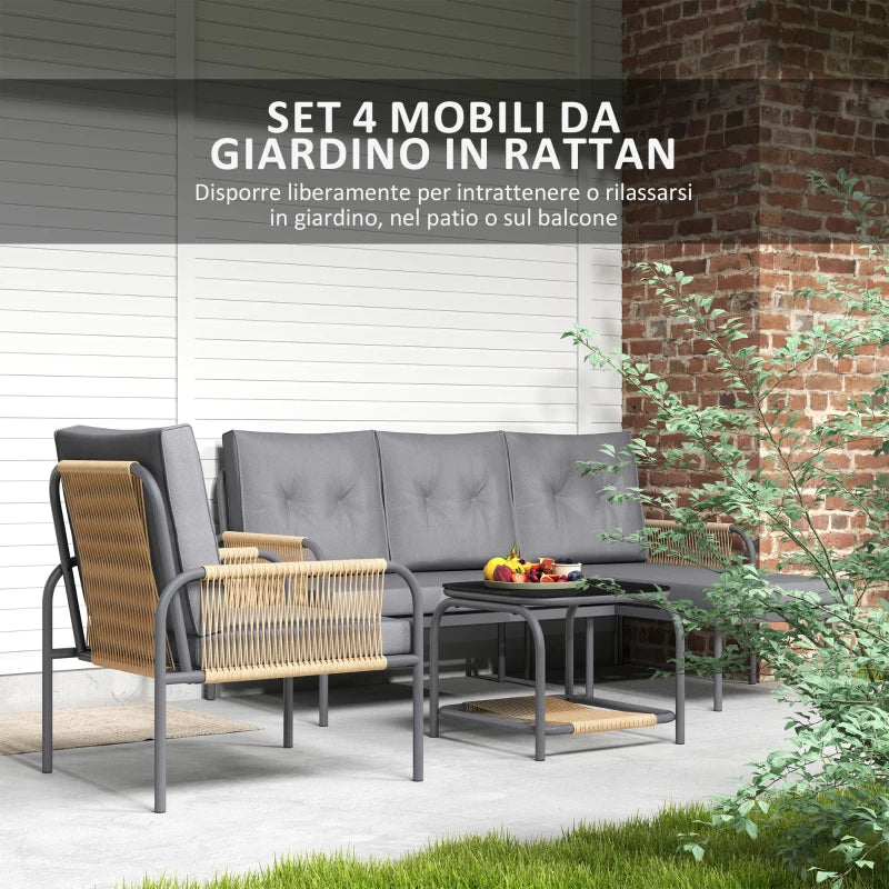 Outsunny Salotto da Giardino 4 Pezzi in Rattan con Divano, Chaise Longue, Poltrona e Tavolino con Cuscini, Grigio