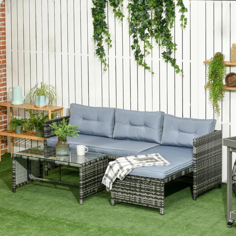 Outsunny Salotto da Giardino con Divanetto, Chaise Longue e Tavolino in Rattan PE con Cuscini, Grigio