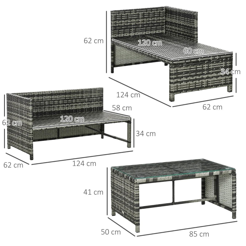 Outsunny Salotto da Giardino con Divanetto, Chaise Longue e Tavolino in Rattan PE con Cuscini, Grigio