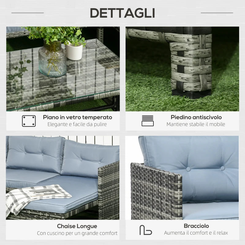 Outsunny Salotto da Giardino con Divanetto, Chaise Longue e Tavolino in Rattan PE con Cuscini, Grigio