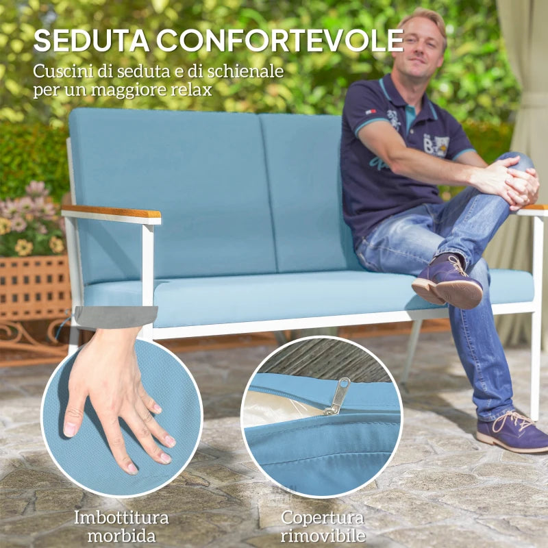 Outsunny Set da Esterno con Divano 2 Posti, 2 Poltrone e 2 Tavolini da Caffè in Vetro, Azzurro