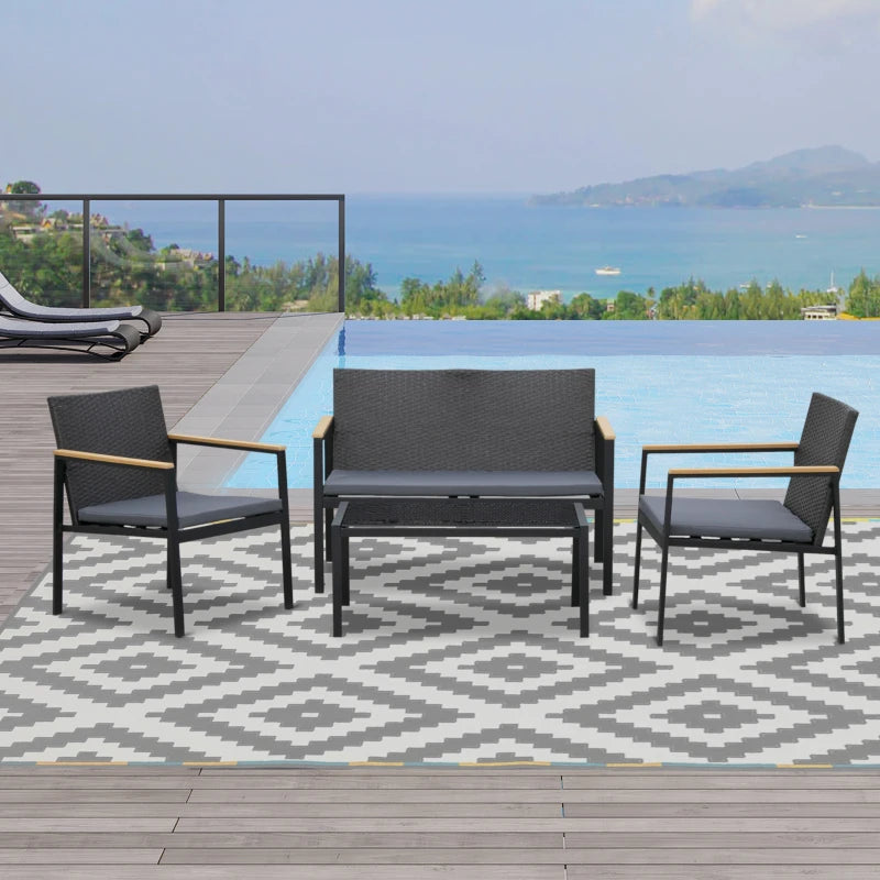 Outsunny Set 4 Pezzi Salotto da Esterni con 2 Sedie, Divano e Tavolino Mobili da Giardino in Rattan e Acciaio Nero