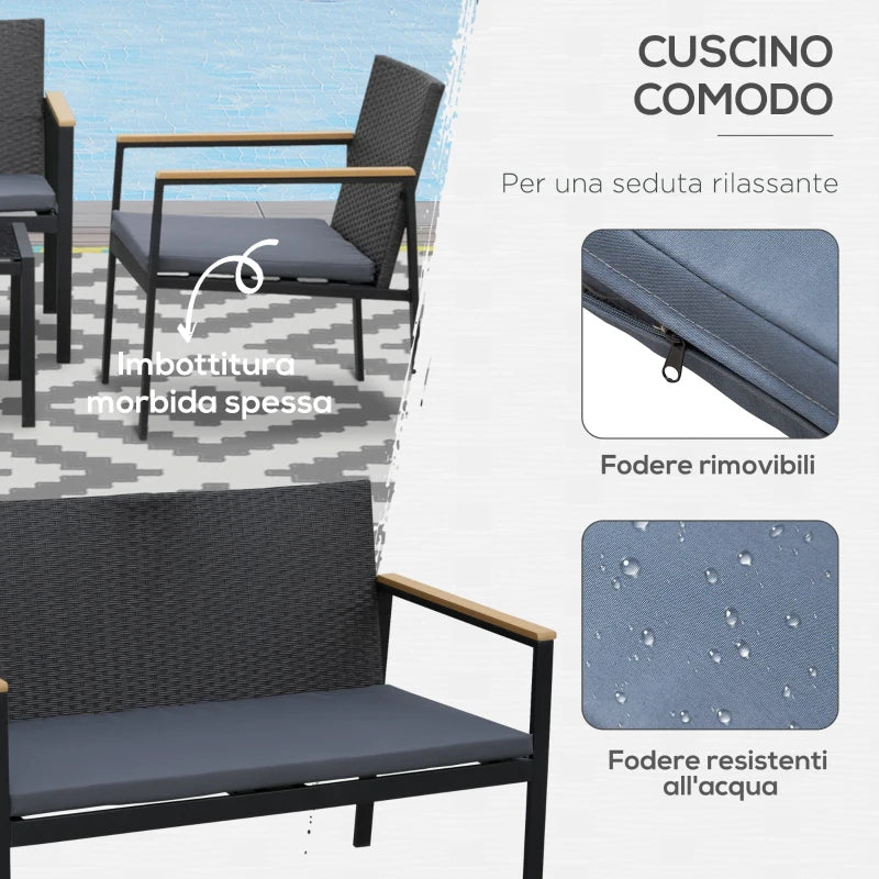 Outsunny Set 4 Pezzi Salotto da Esterni con 2 Sedie, Divano e Tavolino Mobili da Giardino in Rattan e Acciaio Nero