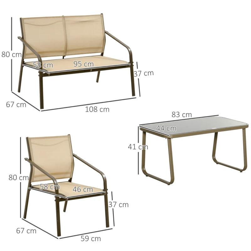 Outsunny Set da Giardino 4 Pezzi con 2 Sedie, 1 Divanetto e 1 Tavolino da Caffè, Kaki