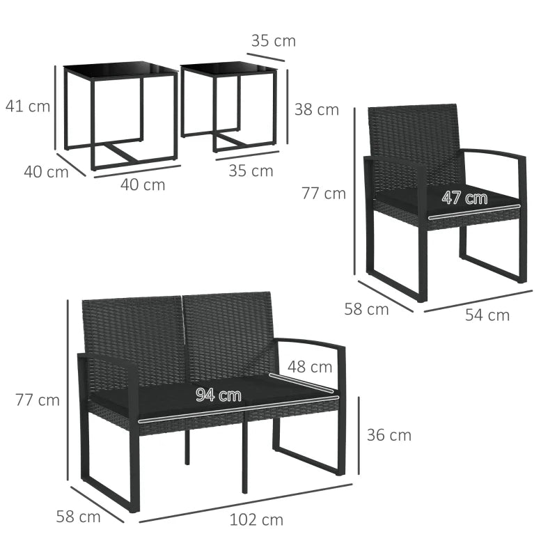 Outsunny Set da Giardino con 2 Sedie, Divanetto e 2 Tavolini con Cuscini e Piano in Vetro, Nero