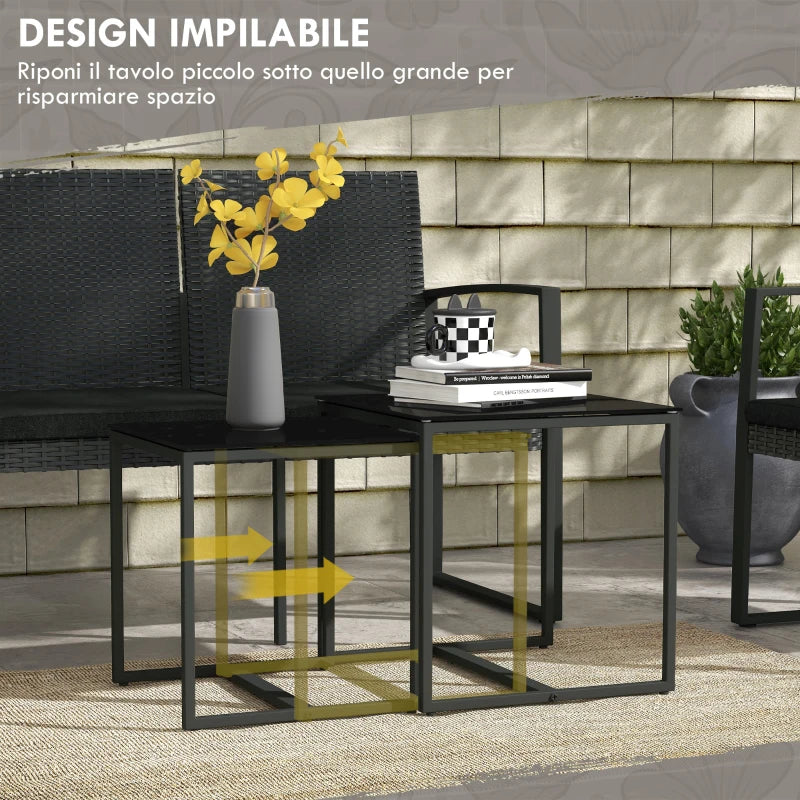 Outsunny Set da Giardino con 2 Sedie, Divanetto e 2 Tavolini con Cuscini e Piano in Vetro, Nero