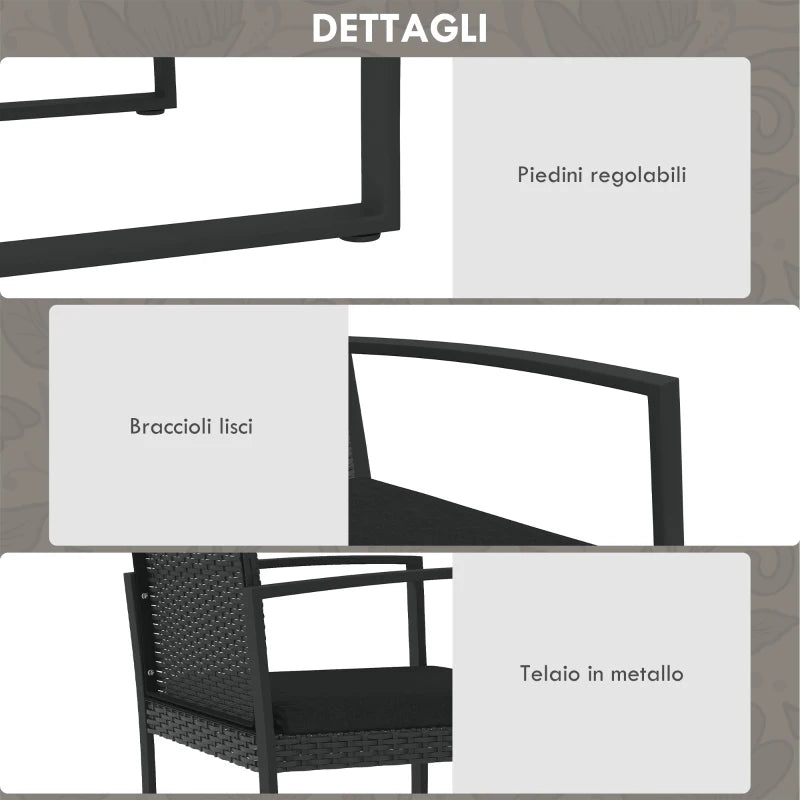 Outsunny Set da Giardino con 2 Sedie, Divanetto e 2 Tavolini con Cuscini e Piano in Vetro, Nero