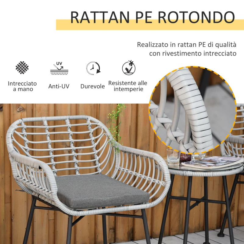 Outsunny Set Mobili da Giardino in Rattan PE con 2 Sedie e Tavolino con Ripiano in Vetro, Grigio