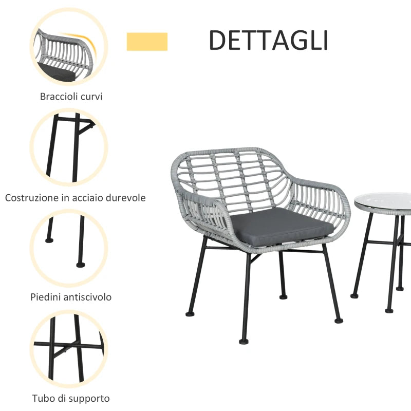 Outsunny Set Mobili da Giardino in Rattan PE con 2 Sedie e Tavolino con Ripiano in Vetro, Grigio