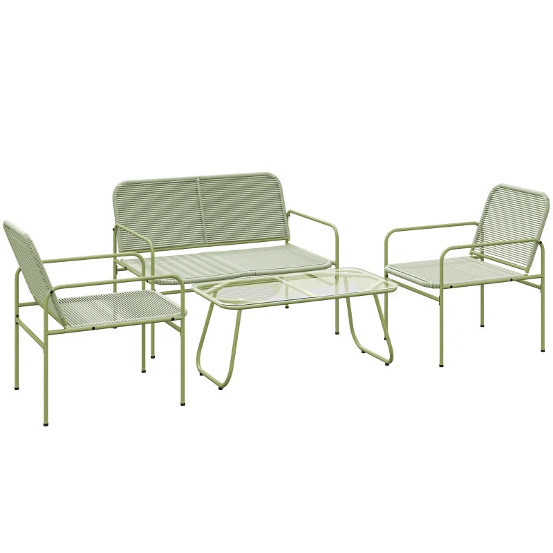 Outsunny Salotto da Esterno in Rattan PE con Divanetto, 2 Poltroncine e Tavolino con Piano in Vetro, Verde