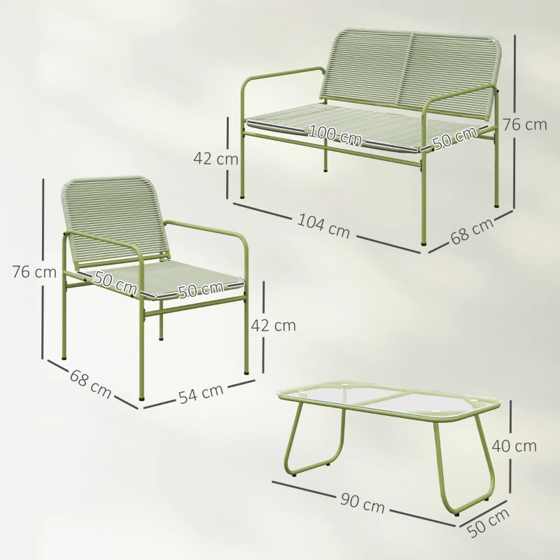 Outsunny Salotto da Esterno in Rattan PE con Divanetto, 2 Poltroncine e Tavolino con Piano in Vetro, Verde