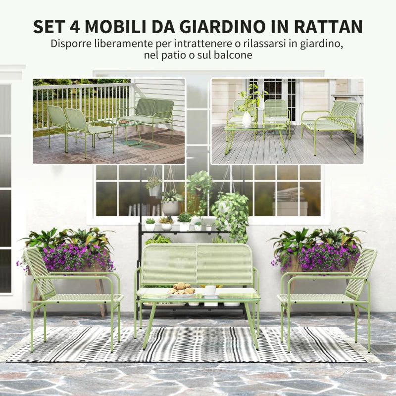Outsunny Salotto da Esterno in Rattan PE con Divanetto, 2 Poltroncine e Tavolino con Piano in Vetro, Verde