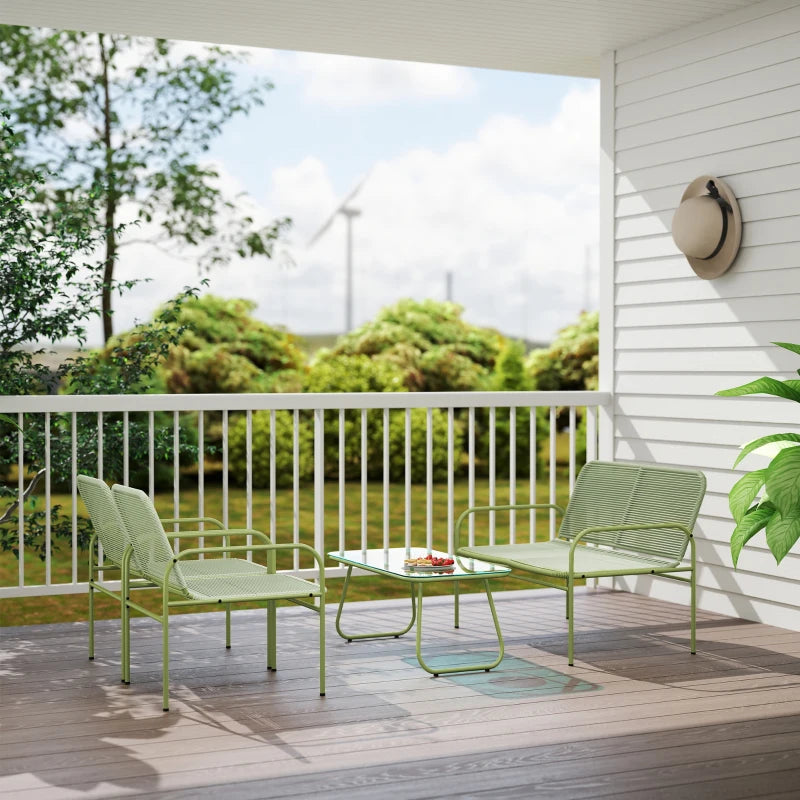 Outsunny Salotto da Esterno in Rattan PE con Divanetto, 2 Poltroncine e Tavolino con Piano in Vetro, Verde