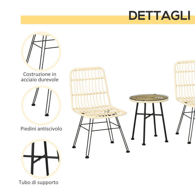 Outsunny Set Mobili da Giardino 3 Pezzi con Tavolino e Sedie in Rattan PE, Poilestere e Acciaio per Esterni, Crema