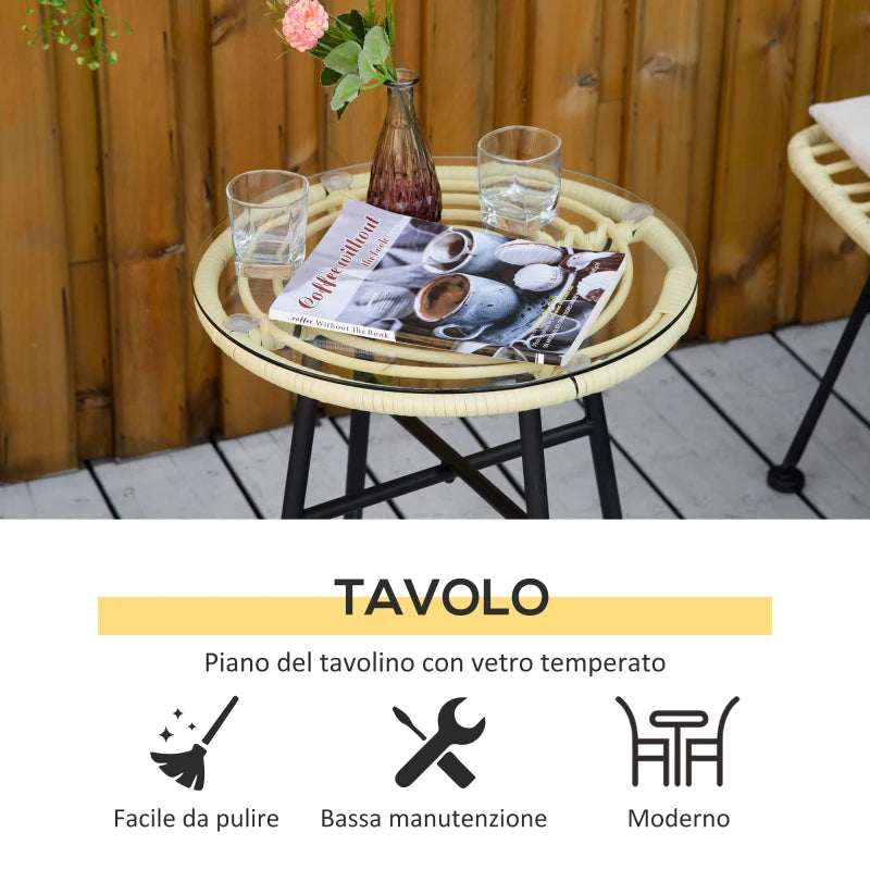 Outsunny Set Mobili da Giardino 3 Pezzi con Tavolino e Sedie in Rattan PE, Poilestere e Acciaio per Esterni, Crema