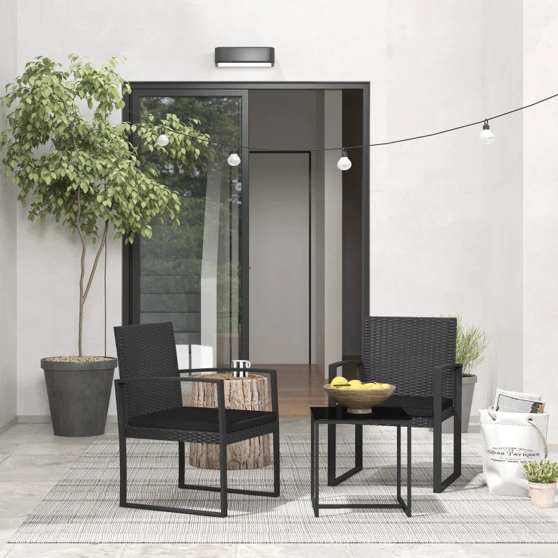 Outsunny Set da Giardino 3 Pezzi con 2 Sedie con Cuscini e Tavolino con Piano in Vetro, Effetto Rattan Nero