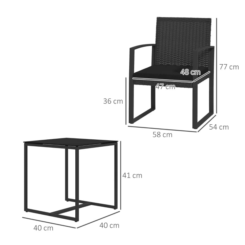 Outsunny Set da Giardino 3 Pezzi con 2 Sedie con Cuscini e Tavolino con Piano in Vetro, Effetto Rattan Nero