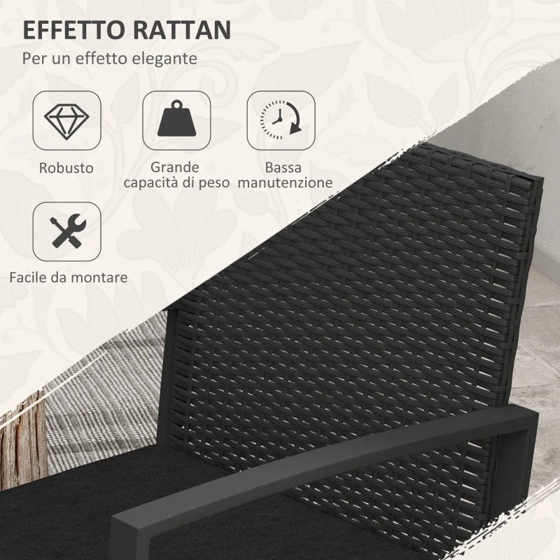 Outsunny Set da Giardino 3 Pezzi con 2 Sedie con Cuscini e Tavolino con Piano in Vetro, Effetto Rattan Nero