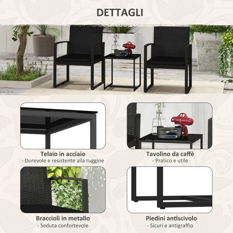 Outsunny Set da Giardino 3 Pezzi con 2 Sedie con Cuscini e Tavolino con Piano in Vetro, Effetto Rattan Nero