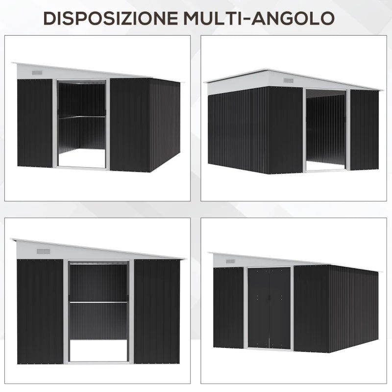 Outsunny Ripostiglio da Giardino con Porta Scorrevole, in Acciaio, 345x280.5x169-201cm, Nero