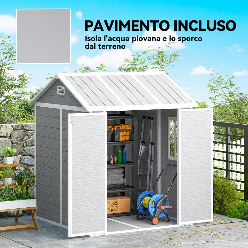 Outsunny Casetta da Giardino in Resina con Pavimento, 2 Porte con Blocco, Finestra, 1.8x1.8m, Grigio