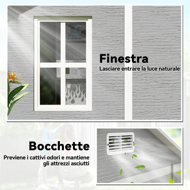Outsunny Casetta da Giardino in Resina con Pavimento, 2 Porte con Blocco, Finestra, 1.8x1.8m, Grigio