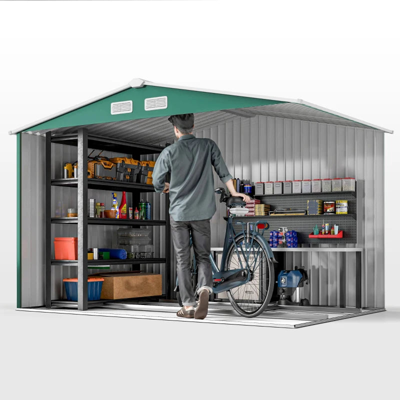 Outsunny Casetta da Giardino 4.9 m² con Fondazione, 4 Prese d'Aria e 2 Porte Scorrevoli, Capanno Porta Attrezzi in Lamiera d'Acciaio, 277x195x192 cm, Verde Scuro