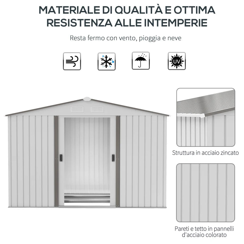 Outsunny Casetta da Giardino in Lamiera d'Acciaio con Doppie Porte Scorrevoli, 277x195x192cm, Argento
