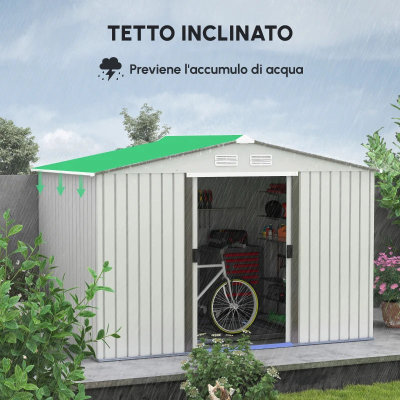 Outsunny Casetta da Giardino in Lamiera d'Acciaio con Doppie Porte Scorrevoli, 277x195x192cm, Argento