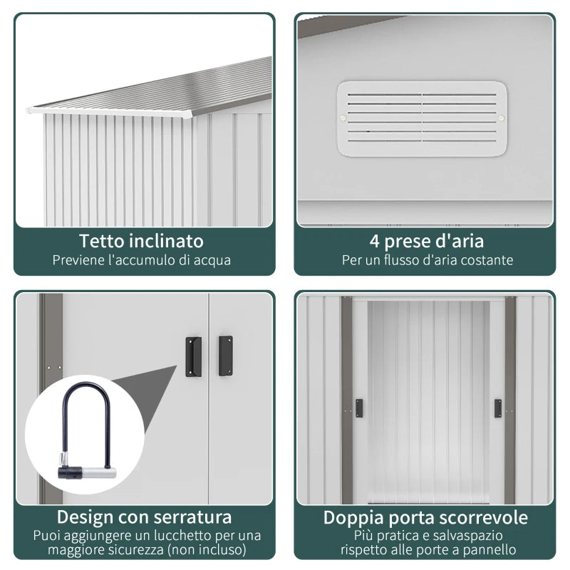 Outsunny Casetta da Giardino in Lamiera d'Acciaio con Doppie Porte Scorrevoli, 277x195x192cm, Argento