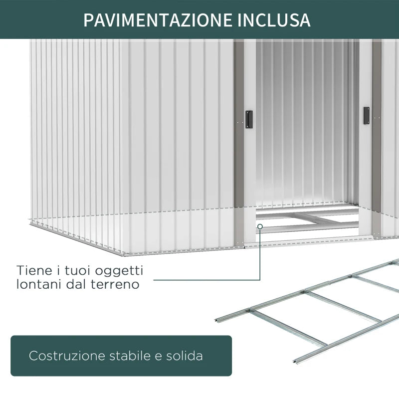 Outsunny Casetta da Giardino in Lamiera d'Acciaio con Doppie Porte Scorrevoli, 277x195x192cm, Argento