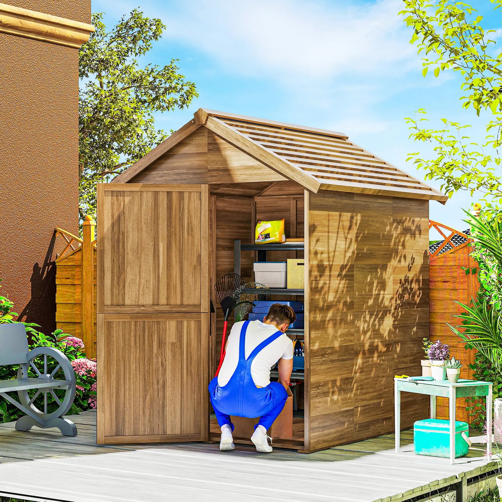 Outsunny Casetta da Giardino in Legno 1.8x2m con Porta Doppia, Finestra e Base Inclusa, Colore Legno