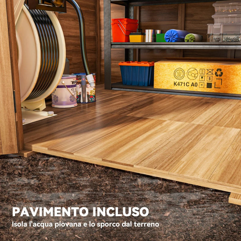 Outsunny Casetta da Giardino in Legno 1.8x2m con Porta Doppia, Finestra e Base Inclusa, Colore Legno