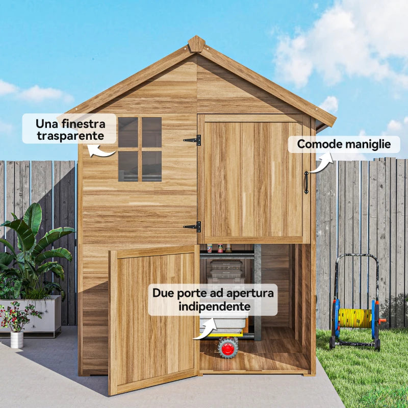 Outsunny Casetta da Giardino in Legno 1.8x2m con Porta Doppia, Finestra e Base Inclusa, Colore Legno