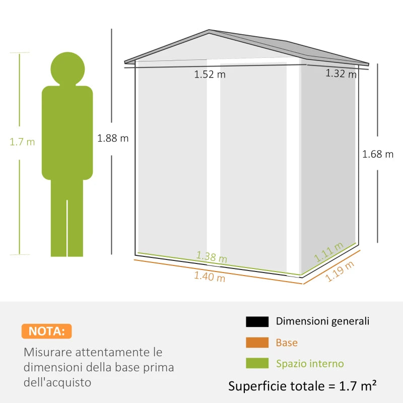 Outsunny Casetta da Giardino Porta Attrezzi in Acciaio, Tetto inclinato e 4 Prese d'Aria, 152x132x188cm