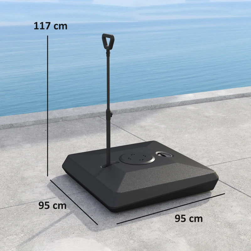Outsunny Base per Ombrellone a Sbalzo in HDPE con Maniglia e Ruote e Riempibile con Acqua o Sabbia, 95x95x117 cm, Nero