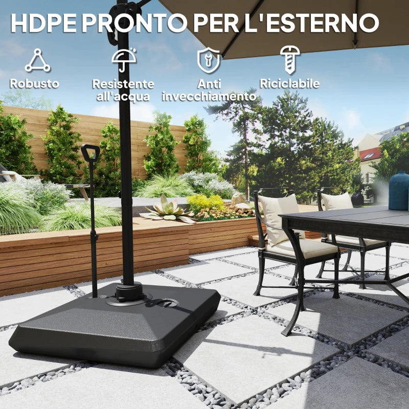 Outsunny Base per Ombrellone a Sbalzo in HDPE con Maniglia e Ruote e Riempibile con Acqua o Sabbia, 95x95x117 cm, Nero