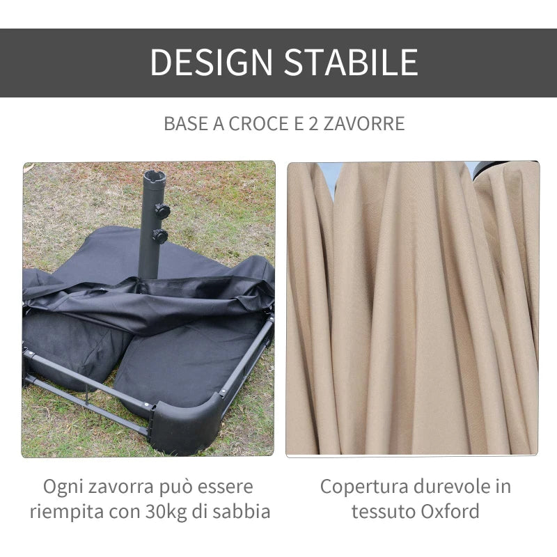 Outsunny Ombrellone da Giardino Doppio 460x270cm, Ombrellone da Esterno con Apertura a Manovella, Base a Croce e Zavorra, Acciaio e Poliestere Khaki