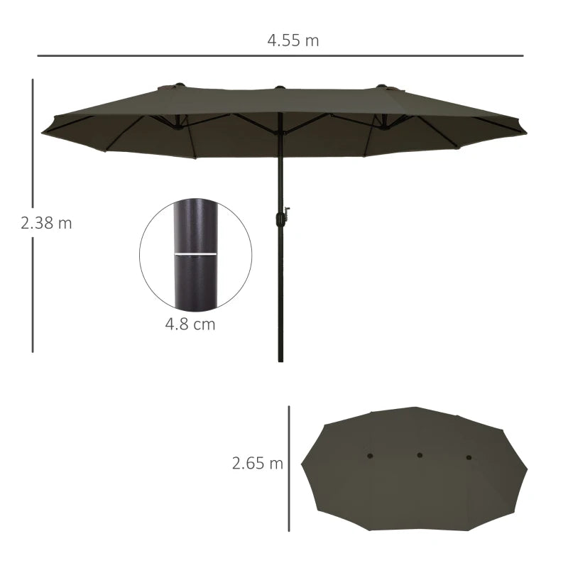Outsunny Ombrellone Doppio da Giardino 4.6x2.7 m a 12 Stecche con Prese d'Aria e Manovella, Ombrellone per Esterni in Acciaio e Poliestere, Anti UV, Grigio