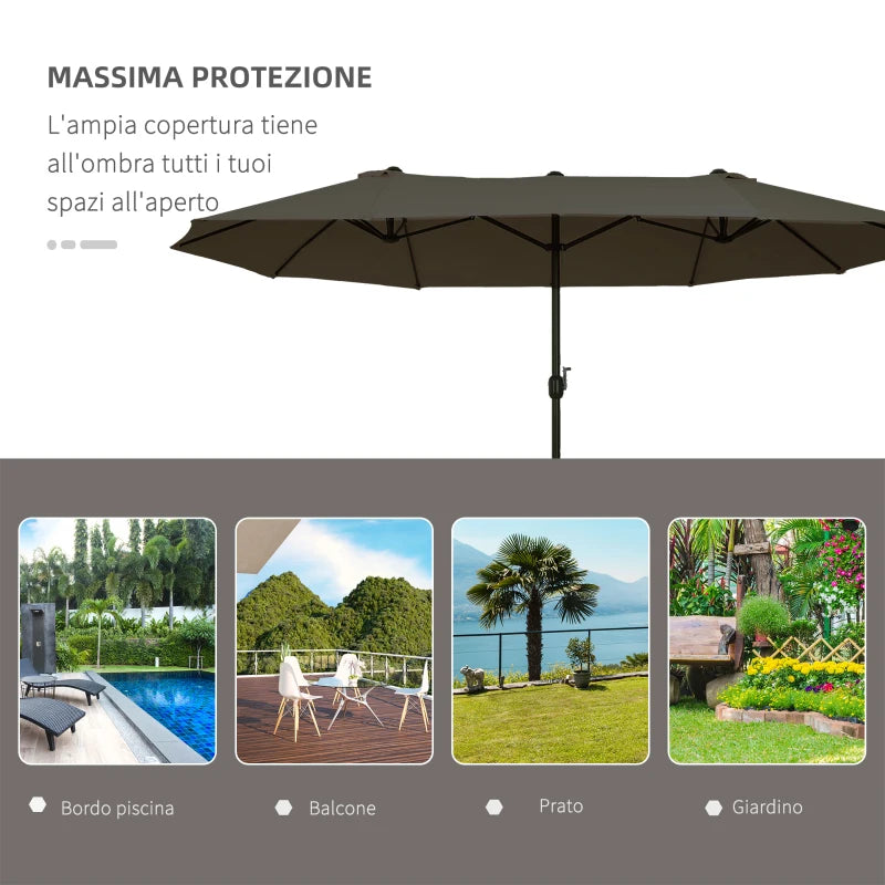 Outsunny Ombrellone Doppio da Giardino 4.6x2.7 m a 12 Stecche con Prese d'Aria e Manovella, Ombrellone per Esterni in Acciaio e Poliestere, Anti UV, Grigio