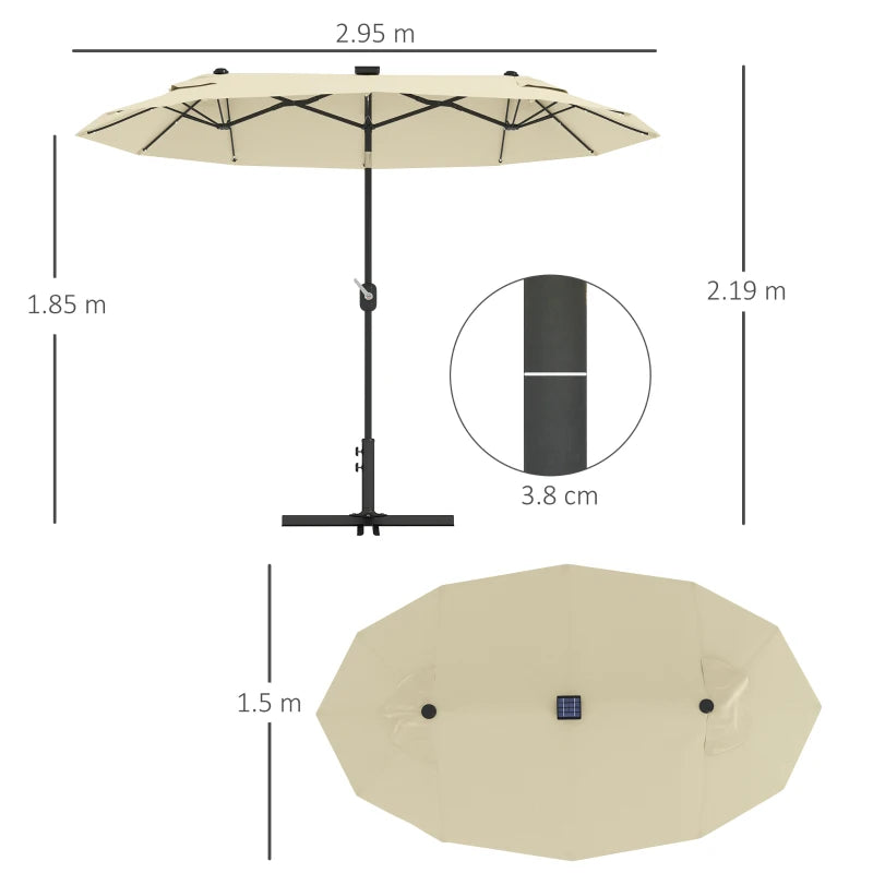 Outsunny Ombrellone Doppio con Luci LED e Base a Croce, in Poliestere e Acciaio, 295x150x219 cm, Bianco Crema