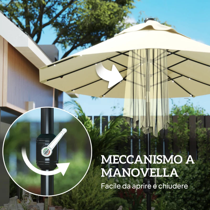 Outsunny Ombrellone Doppio con Luci LED e Base a Croce, in Poliestere e Acciaio, 295x150x219 cm, Bianco Crema