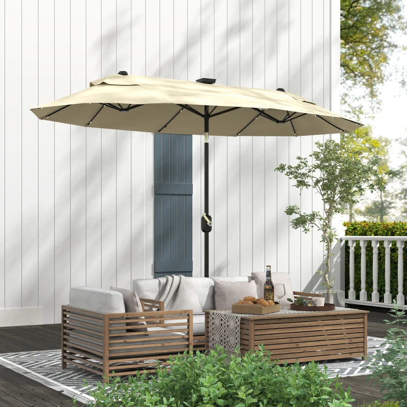 Outsunny Ombrellone Doppio con Luci LED e Base a Croce, in Poliestere e Acciaio, 295x150x219 cm, Bianco Crema