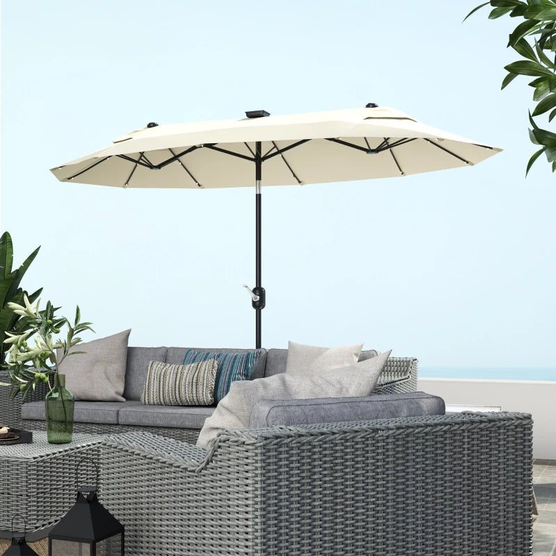 Outsunny Ombrellone Doppio con Luci LED e Base a Croce, in Poliestere e Acciaio, 295x150x219 cm, Bianco Crema