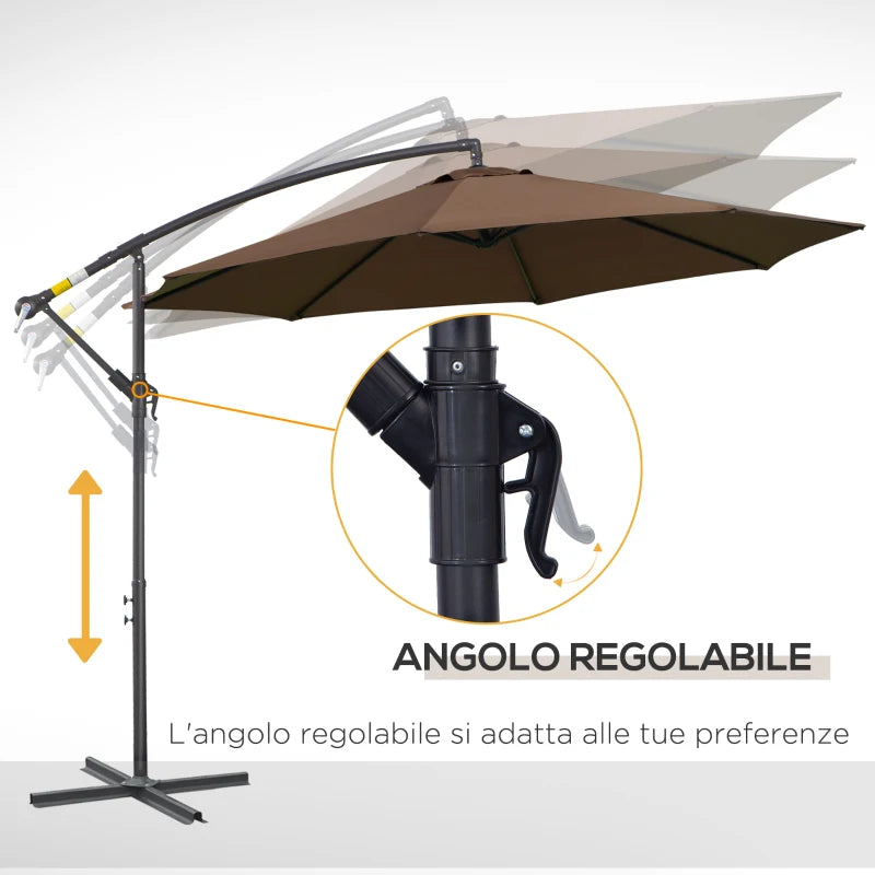 Outsunny Ombrellone Decentrato Ø3x2.5 m con Base a Croce e Manovella, in Acciaio e Poliestere color Caffè