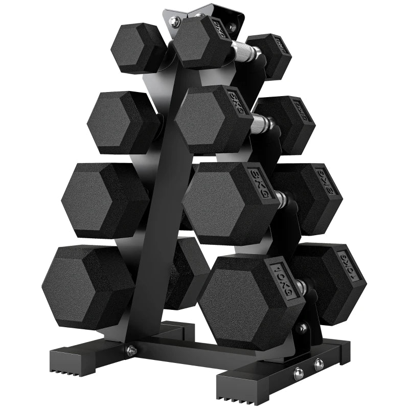 SPORTNOW Set Manubri da Palestra Esagonali con Supporto e Impugnatura Antiscivolo, 2x2kg, 2x5kg, 2x8kg, 2x10kg, Nero